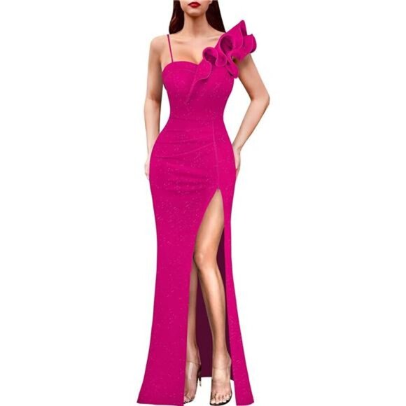 One Shoulder Ruched Ruffle Maxi Dress V Neck Split Evening Gown - Picture 1 of 7